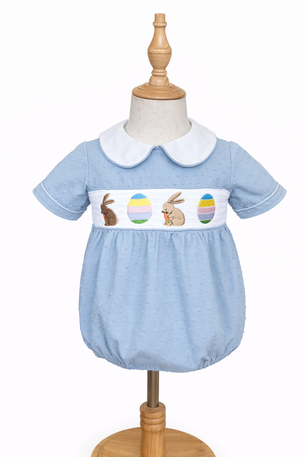 Hoppy Easter Smocked Bubble – Blue Swiss Dot Baby Romper