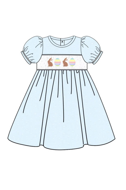 Hoppy Easter Smocked Dress – Blue Swiss Dot Toddler & Girls Dress