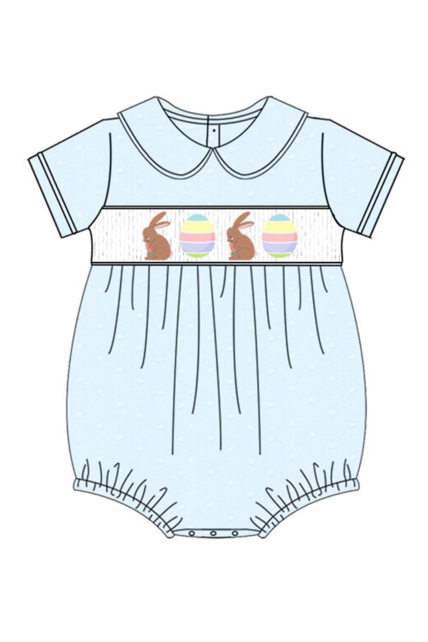 Hoppy Easter Smocked Bubble – Blue Swiss Dot Baby Romper