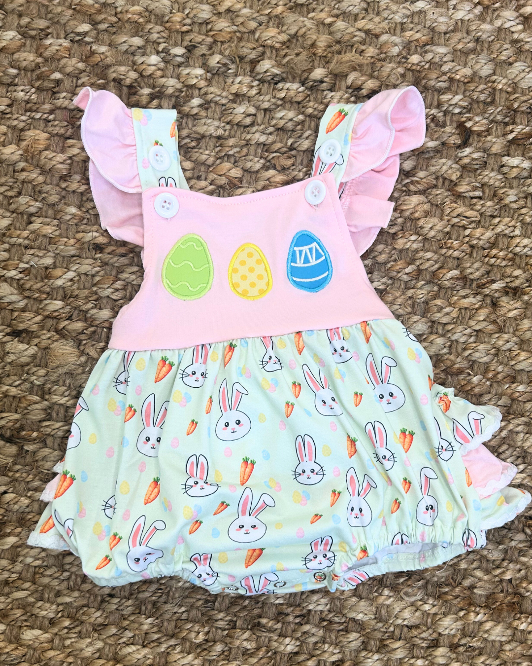 Bunny Patch Ruffle Bubble – Pink Easter Baby Romper