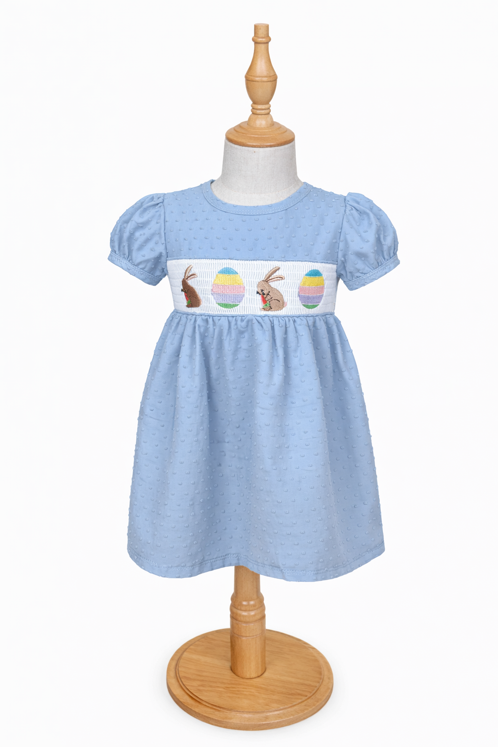 Hoppy Easter Smocked Dress – Blue Swiss Dot Toddler & Girls Dress
