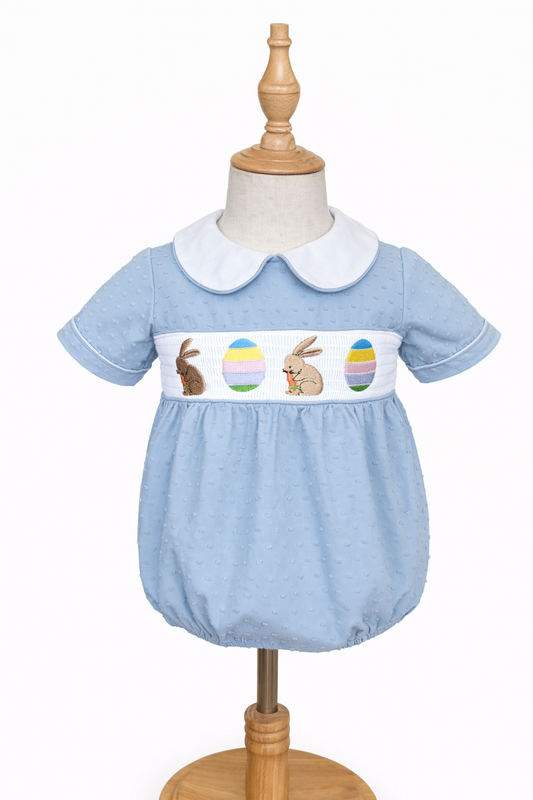 Hoppy Easter Smocked Bubble – Blue Swiss Dot Baby Romper